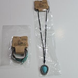 NWT Justin Turquiose Teardrop Necklace And Genuine  Leather Braclet